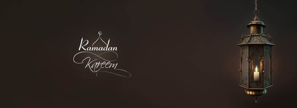 Ramadan Kareem Banner Design With 3D Render of Illuminated Arabic Lamp Hang On Dark Background. photo