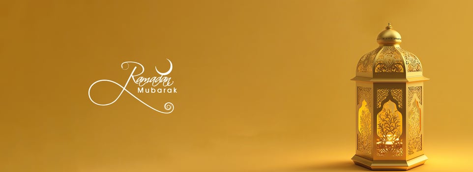 Ramadan Mubarak Banner Design With 3D Render, Golden Illuminated Arabic Lamp On Yellow Background. photo