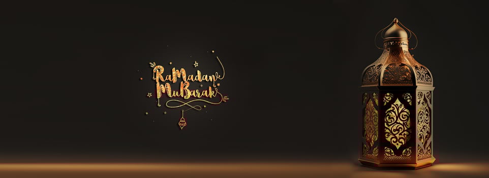 Ramadan Mubarak Banner Design With 3D Render of Lit Exquisite Arabic Lamp On Black Background. photo