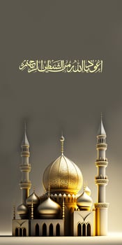 Arabic Islamic Calligraphy of Wish Fear of Allah brings Intelligence, Honesty and Love And 3D Render of Golden Exquisite Mosque Arch. photo