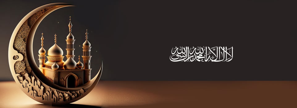 Arabic Islamic Calligraphy of Wishes There is no one Worthy of Worship except Allah and Muhammad With Origami Paper Crescent Moon And Exquisite Mosque. 3D Render. photo