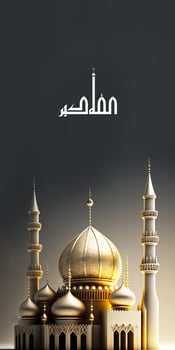 Arabic Islamic Calligraphy of Allah Is Greatest Dua And 3D Render of Golden Mosque Arch. Islamic Religious Vertical Banner. photo