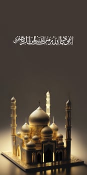 Arabic Islamic Calligraphy of Wish Fear of Allah brings Intelligence, Honesty and Love And 3D Render of Golden Exquisite Mosque. Vertical Banner Design. photo