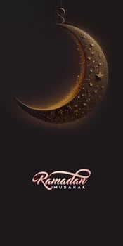 Ramadan Mubarak Vertical Banner With 3D Render of Hanging Elegant Crescent Moon, Stars. photo