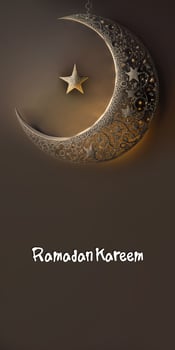 Ramadan Kareem Vertical Banner Design, 3D Render of Hanging Exquisite Crescent Moon With A Star. photo