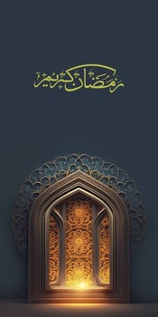 Arabic Calligraphy of Ramadan Kareem And Shiny Islamic Door. photo