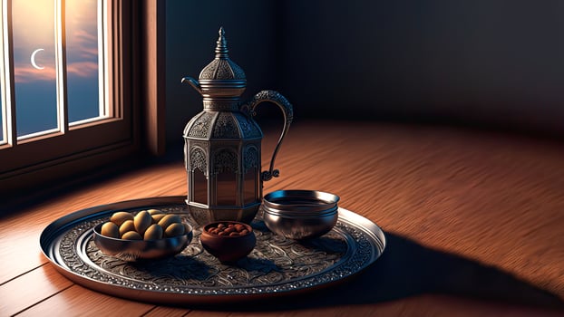 3D Render of Arabic Jug With Fruits On Silver Tray And Realistic Crescent Moon. Islamic Religious Concept. photo