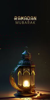 Ramadan Mubarak Banner Design With Golden Glitter Text, 3D Render of Illuminated Arabic Lamp. photo