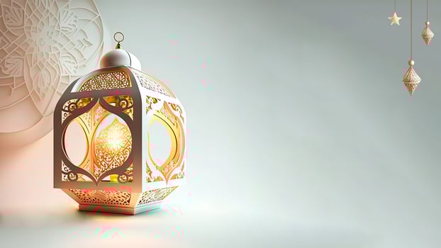 Realistic Illuminated Arabic Lantern On Mandala Background. Islamic Religious Concept. 3D Render. photo