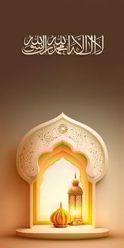 Arabic Islamic Calligraphy of Wish There is no one Worthy of Worship except Allah and Muhammad And 3D Render, Lit Lamp On Islamic Window. photo