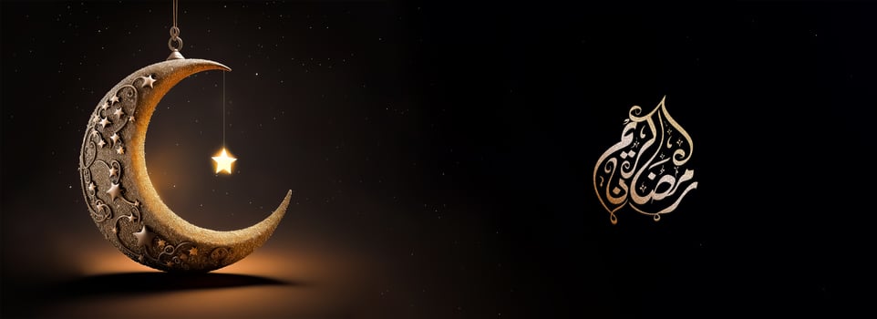 Arabic Calligraphy of Ramadan Kareem With 3D Render, Golden Exquisite Crescent Moon And Glowing Star Hang On Black Background. photo