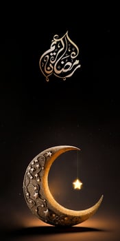 Arabic Calligraphy of Ramadan Kareem With 3D Render, Golden Exquisite Crescent Moon And Glowing Star Hang On Black Background. photo