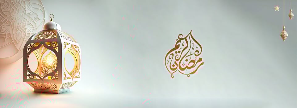 Arabic Calligraphy of Ramadan Kareem, Illuminated Arabic Lamp On Background. 3D Render. photo