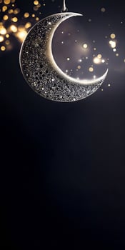 3D Render of Hanging Exquisite Shiny Carved Moon With Stars On Black Background. Islamic Religious Concept. photo