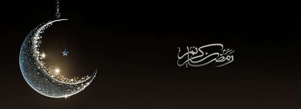 Arabic Calligraphy of Ramadan Kareem With 3D Render, Exquisite Crescent Moon And Hanging Shiny Star On Black Background. photo