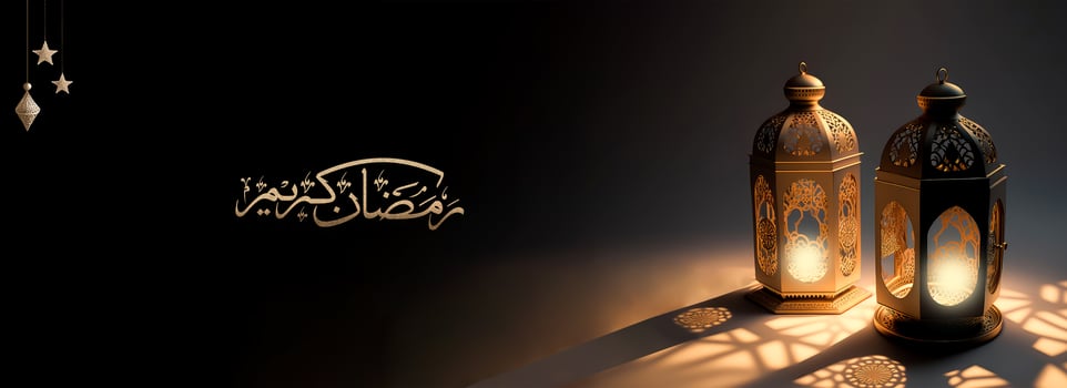 Arabic Calligraphy of Golden Glitter Ramadan Kareem And 3D Render, Illuminated Arabic Lamp On Black Background. photo