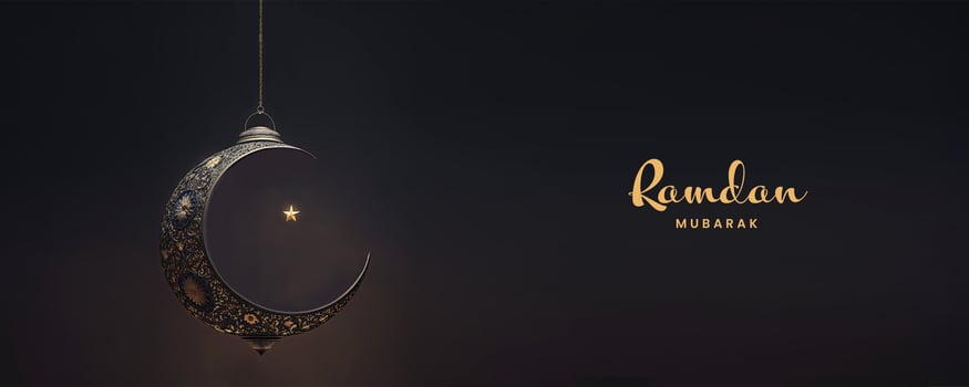Ramadan Mubarak Banner Design With 3D Render of Hanging Exquisite Crescent Moon And Star On Black Background. photo