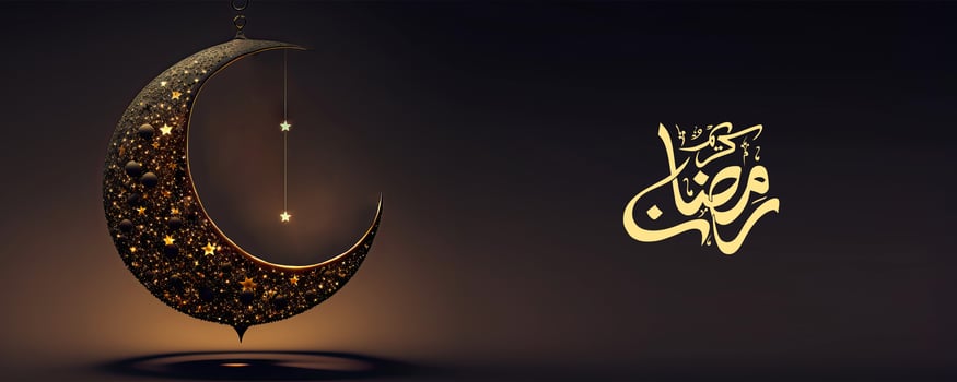 Arabic Calligraphy of Ramadan Kareem And 3D Render, Hanging Exquisite Crescent Moon Decorated Shiny Stars On Black Background. Banner or Header Design. photo