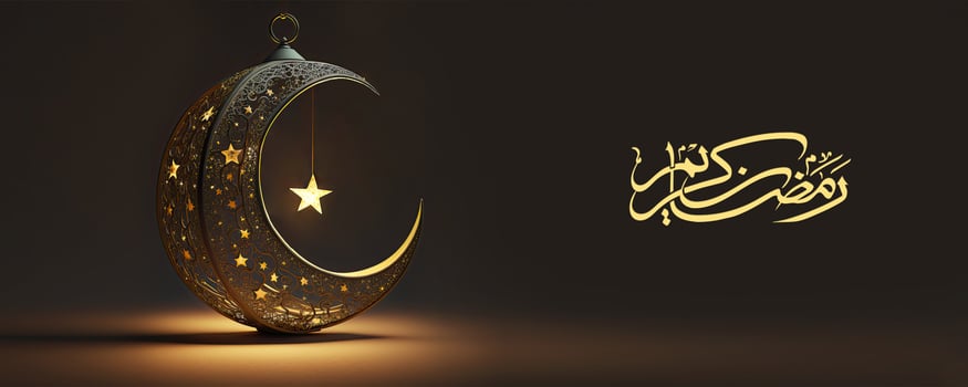 Arabic Calligraphy of Ramadan Kareem With 3D Render, Exquisite Crescent Moon And Hanging Shiny Star On Black Background. Banner or Header Design. photo