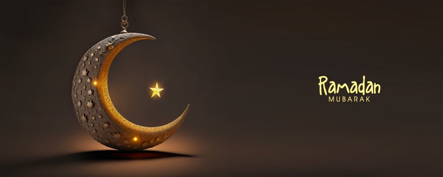 Ramadan Mubarak Banner Design With 3D Render of Hanging Crescent Moon And Glowing Star On Black Background. photo