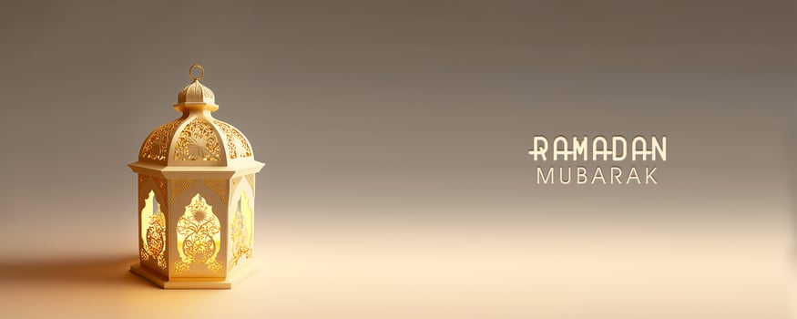 Ramadan Mubarak Banner Design With 3D Render of Illuminated Golden Arabic Lamp. photo