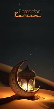 Ramadan Mubarak Banner Design With 3D Render, Exquisite Crescent Moon With Illuminated Arabic Lamp On Sand Dune. photo