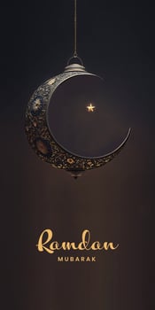 Ramadan Mubarak Banner Design With 3D Render of Hanging Exquisite Crescent Moon And Star On Black Background. photo
