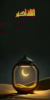 Arabic Islamic Calligraphy of Wish Allah Is The Greatest And 3D Render, Shiny Crescent Moon Inside Lamp On Sand Dune. photo