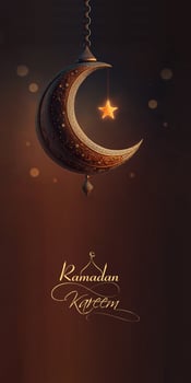 Ramadan Kareem Banner Design With 3D Render of Hanging Crescent Moon And Glowing Star On Bokeh Dark Background. photo