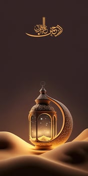 Arabic Islamic Calligraphy of Wish Rahman The Most Gracious, He taught The Quran And Shiny Exquisite Lamp On Sand Dune. 3D Render. photo
