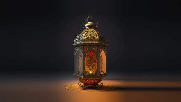 Realistic Illuminated Arabic Lantern On Black Background. Islamic Religious Concept. 3D Render. photo