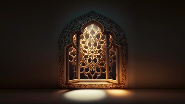 3D Render of Shiny Arabic Door or Window Arch And Copy Space. Islamic Religious Concept. photo
