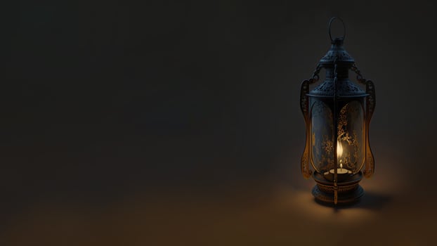 Realistic Illuminated Arabic Lantern On Background. Islamic Religious Concept. 3D Render. photo