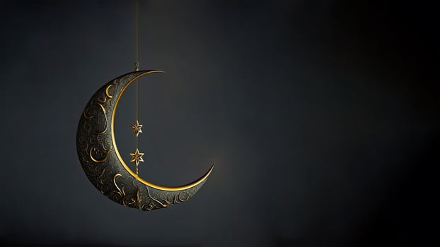3D Render of Hanging Exquisite Shiny Carved Moon With Star On Dark Background. Islamic Religious Concept. photo