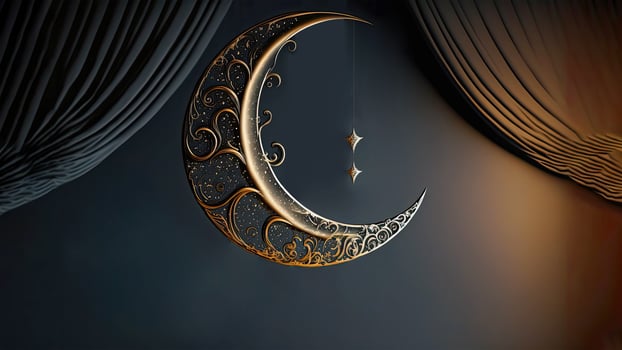 3D Render of Hanging Exquisite Shiny Carved Moon With Star And Curtain On Dark Background. Islamic Religious Concept. photo