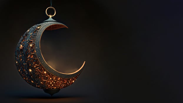3D Render of Hanging Exquisite Crescent Moon With Stars On Black Background. Islamic Religious Concept. photo