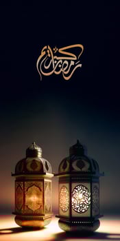 Golden Arabic Calligraphy of Ramadan Kareem And Illuminated Realistic Lamps On Dark Background. Vertical Banner Design. 3D Render. photo