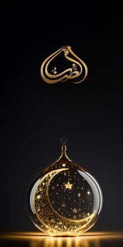 Golden Arabic Calligraphy of Ramadan And Exquisite Crescent Moon, Lighting Stars Inside Glass Ball or Bauble On Black Background. 3D Render. photo
