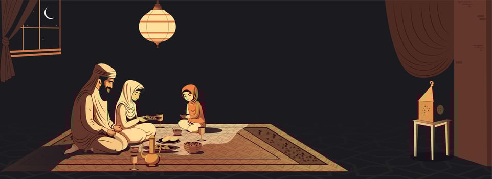 Arab Family Character Enjoying Delicious Meals Together On Carpet And Ceiling Lamp In Night Time. Islamic Festival Banner Design. photo