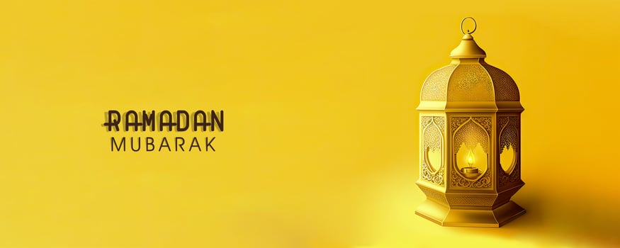 Ramadan Mubarak Banner Design With 3D Render, Golden Illuminated Arabic Lamp On Yellow Background. photo