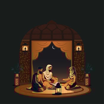 Arab Family Characters Praying Together With Quran Book, Illuminated Lamps Decorated Crescent Moon Night Background. photo