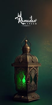 Ramadan Kareem Banner Design With Illuminated Arabic Lamp On Green Shiny Background. 3D Render. photo
