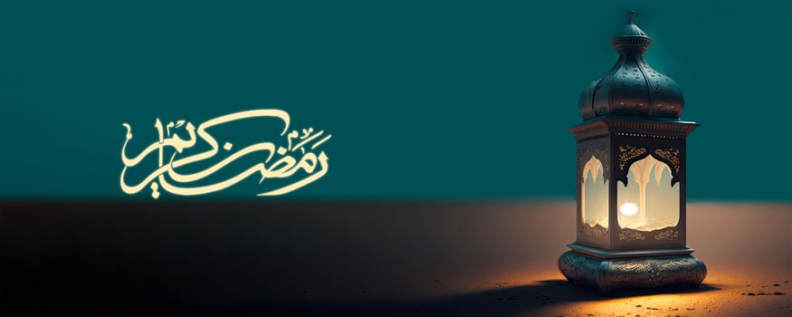 Arabic Calligraphy of Ramadan Kareem With Realistic Illuminated Arabic Lamp On Teal And Black Background. 3D Render, Banner or Header Design. photo