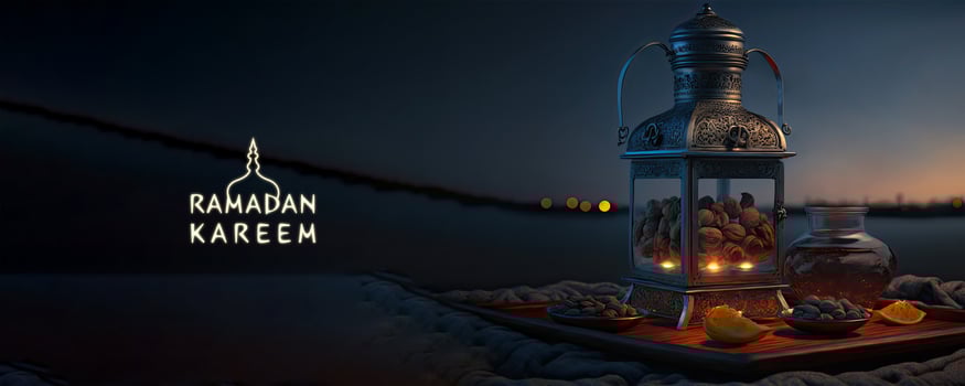 Ramadan Kareem Banner 3D Render, Arabic Dates Pot With Dry Fruits, Snack On Tray At Night Time. Islamic Religious Concept. photo