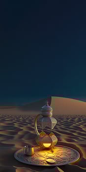 3D Render, Illuminated Exquisite Arabic Lamp With Cup And Plate On Sand Dune Background. Islamic Religious Concept. photo