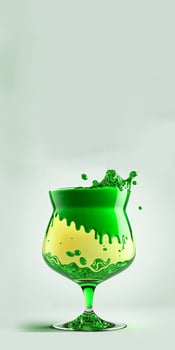 3D Render of Splashing Green And Yellow Cocktail Drink Glass On Pastel Green Background And Copy Space. St Patricks Day Concept. photo