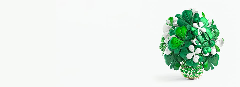 3D Render of White And Green Clover Plant Pot Against Background. St. Patrick's Day Concept. photo