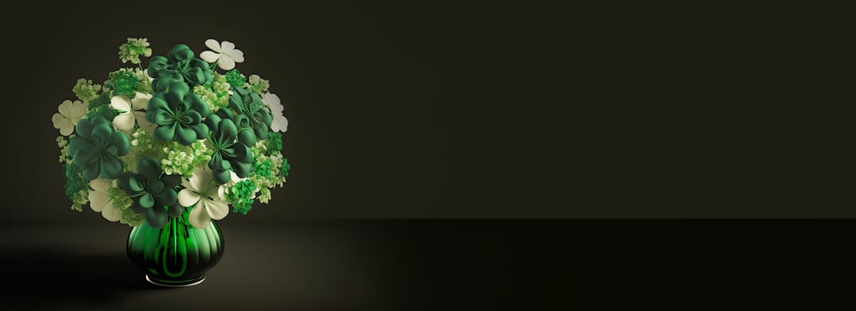 3D Render of Green And White Clover Plant Pot On Black Background. St. Patrick's Day Concept. photo
