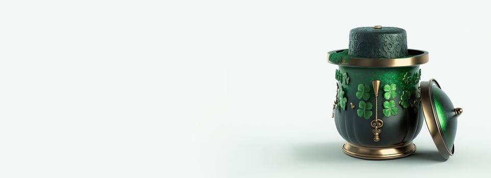 3D Render of Golden And Green Antique Pot With Decorative Clover Leaves. St. Patrick's Day Concept. photo