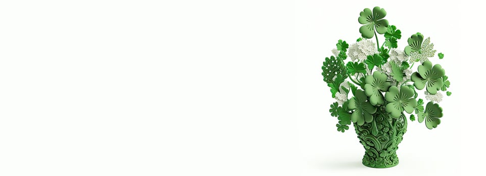3D Render of Green And White Clover Plant Pot On White Background. St. Patrick's Day Concept. photo